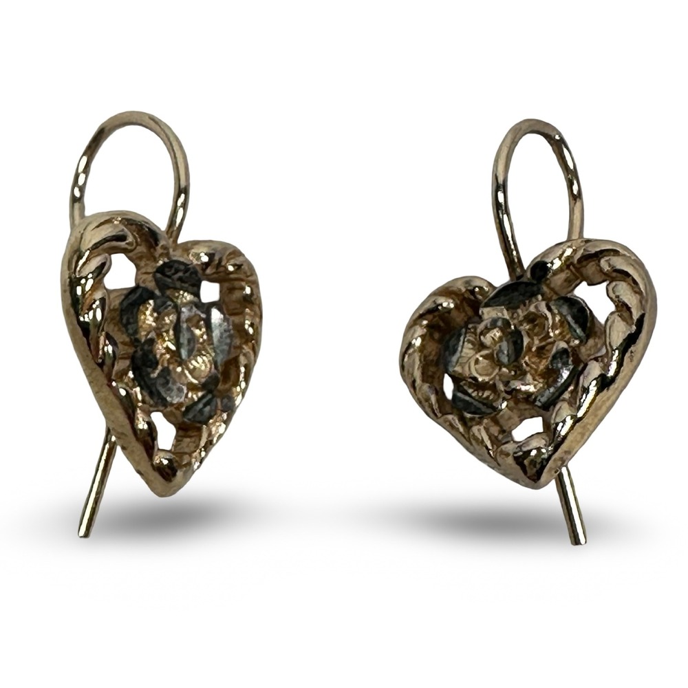 Vintage Sterling Silver Yellow Gold Tone Heart Flower Dangle Ear Wire Earrings